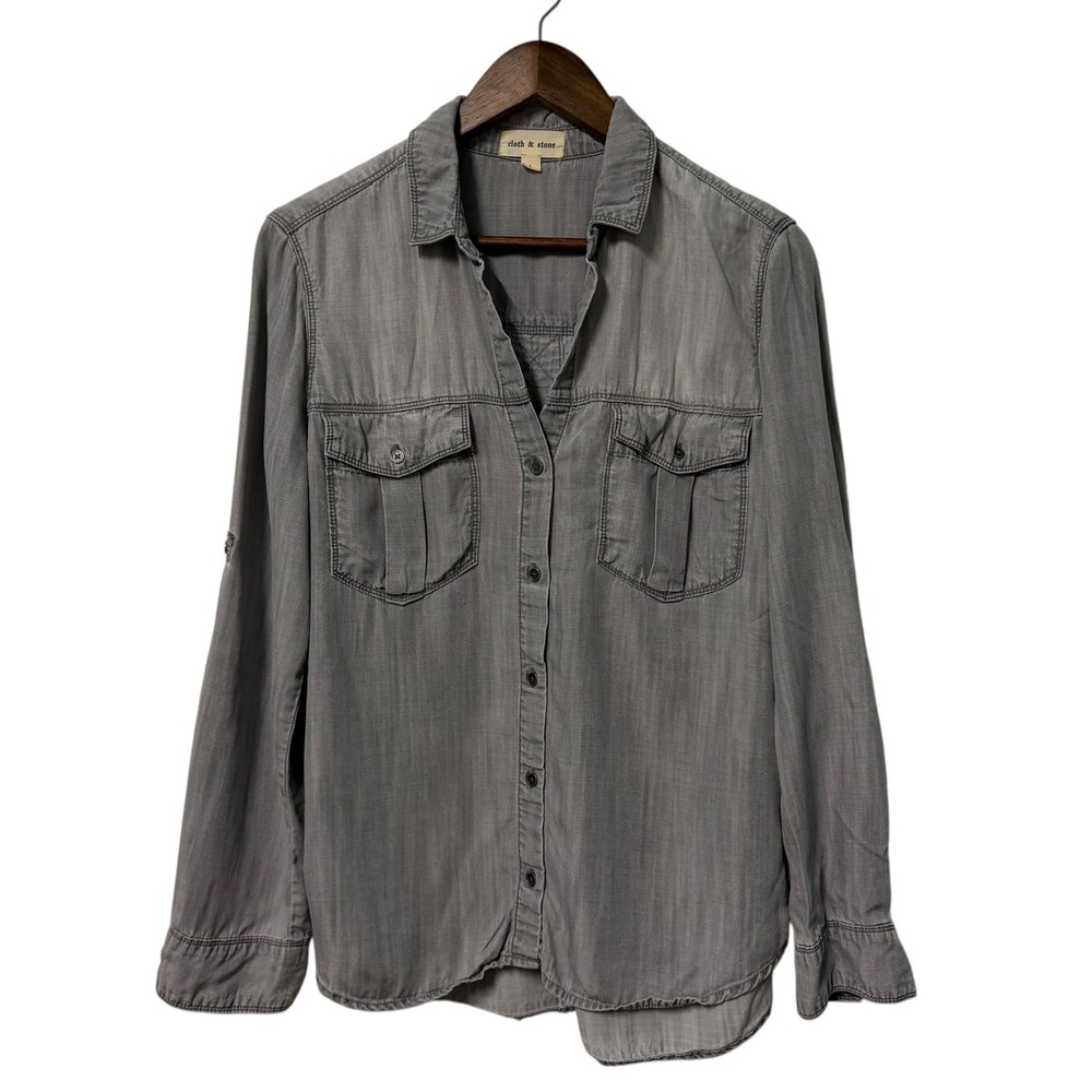 Cloth & Stone Tunic Top Button Down Women L Gray Tencel Roll Tab Utility Shirt